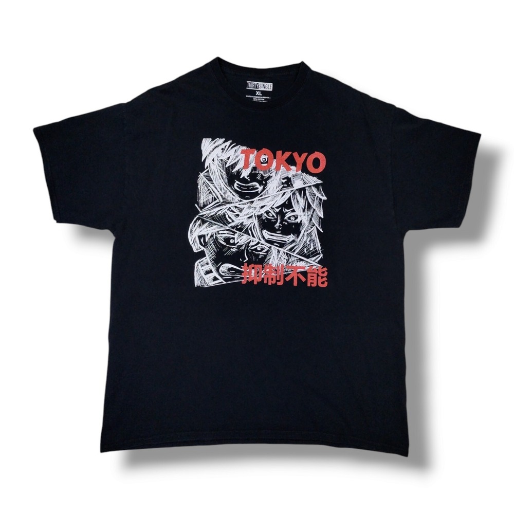 Thirty Single Tokyo Anime Look Graphic‎ Print Crew Neck Black T-Shirt Men's XL